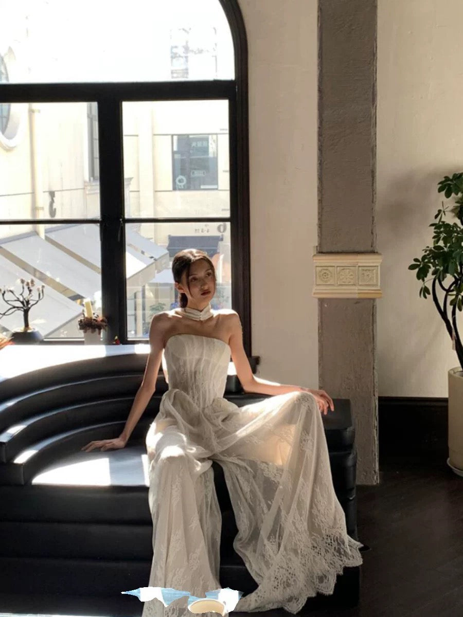 Simple A Line Strapless With Scarf White Lace Split Wedding Bridal Dress Long Wedding Dresses RB5155