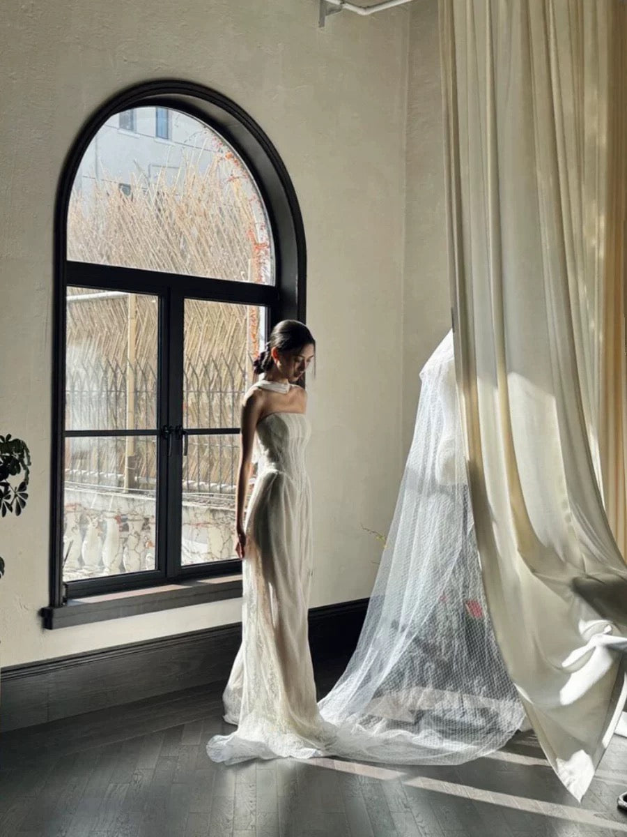 Simple A Line Strapless With Scarf White Lace Split Wedding Bridal Dress Long Wedding Dresses RB5155