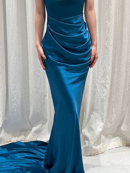 Unique Women's Mermaid One Shoulder Blue Satin Maxi Dress Date Night Outfits Outdoor Semi Formal Wedding Guest Dresses RB5156
