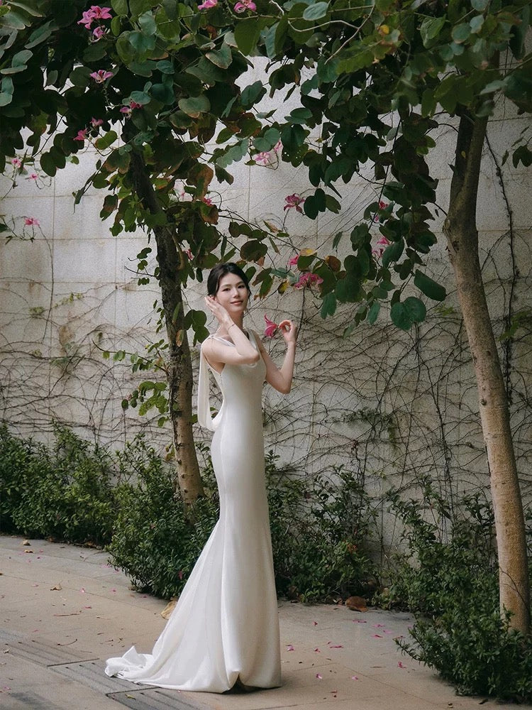 French Style Mermaid Cowl Neck Backless With White Lace Bridal Dress Long Wedding Dresses RB5157