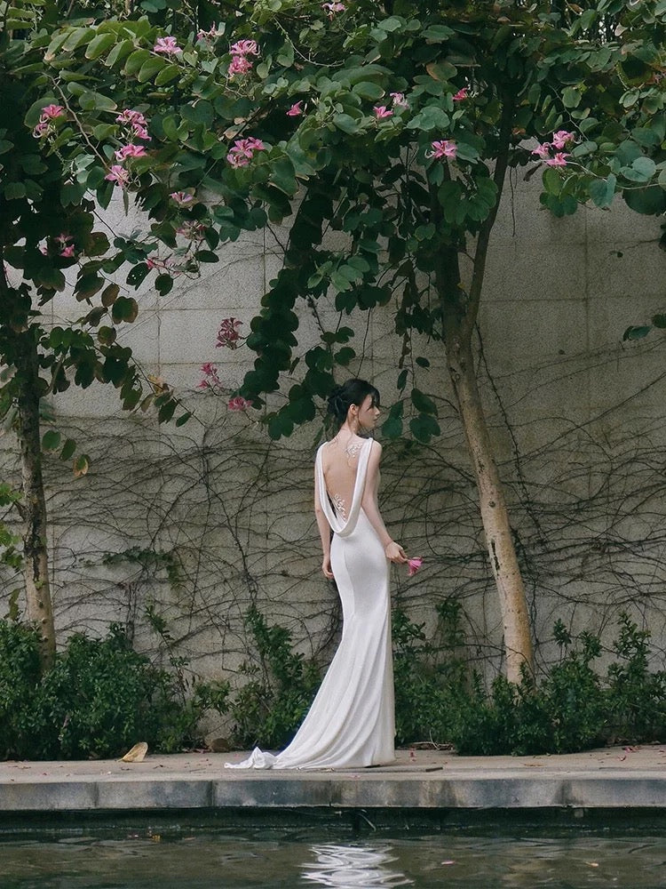 French Style Mermaid Cowl Neck Backless With White Lace Bridal Dress Long Wedding Dresses RB5157