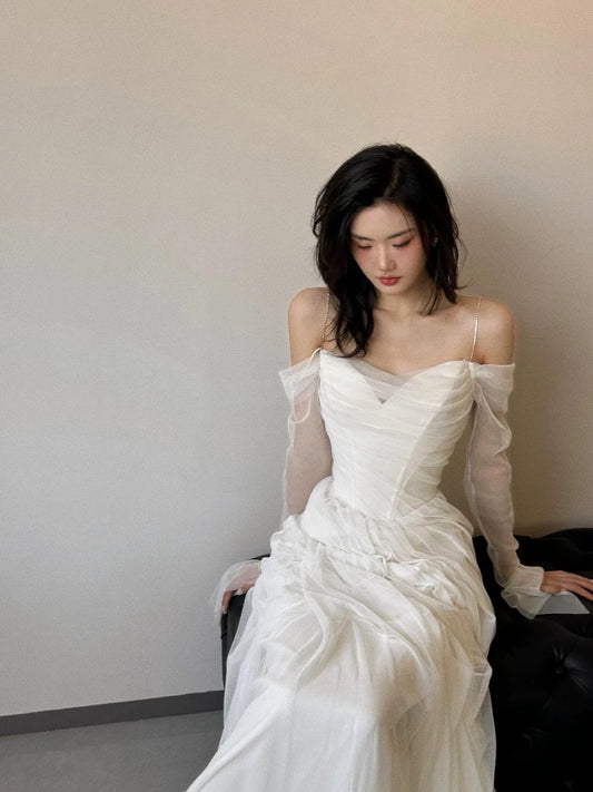 French Style Mermaid Spaghetti Strap With White Long Sleeves Bridal Dress Long Wedding Dresses RB5158
