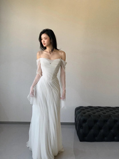 French Style Mermaid Spaghetti Strap With White Long Sleeves Bridal Dress Long Wedding Dresses RB5158