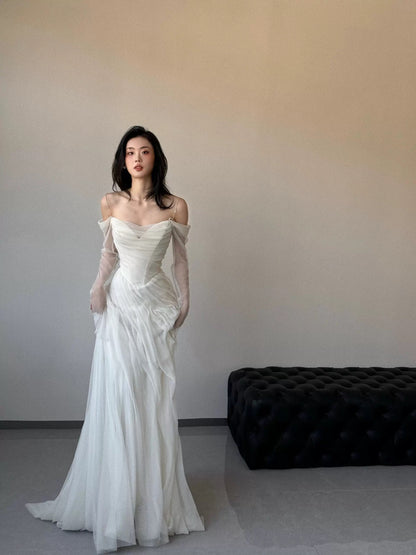 French Style Mermaid Spaghetti Strap With White Long Sleeves Bridal Dress Long Wedding Dresses RB5158