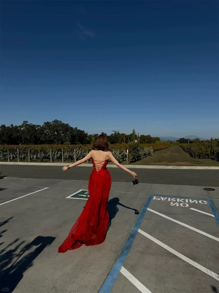 Unique Women's Mermaid Sweetheart Red Tulle Maxi Dress Date Night Outfits Outdoor Semi Formal Wedding Guest Dresses RB5159