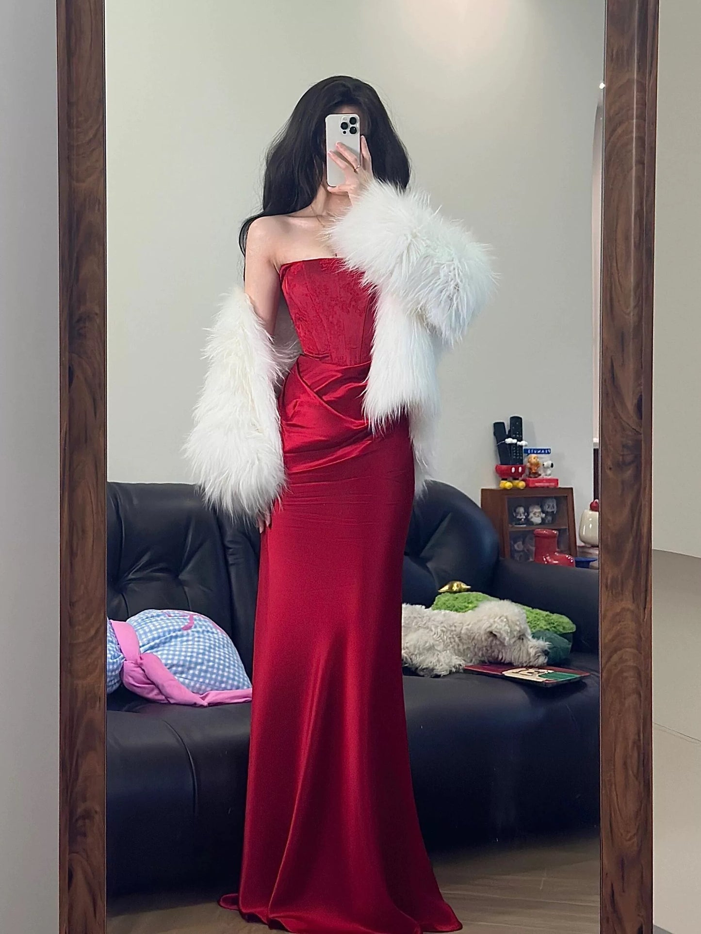 Unique Women's Mermaid Strapless Red Satin Maxi Dress Date Night Outfits Outdoor Semi Formal Wedding Guest Dresses RB5160