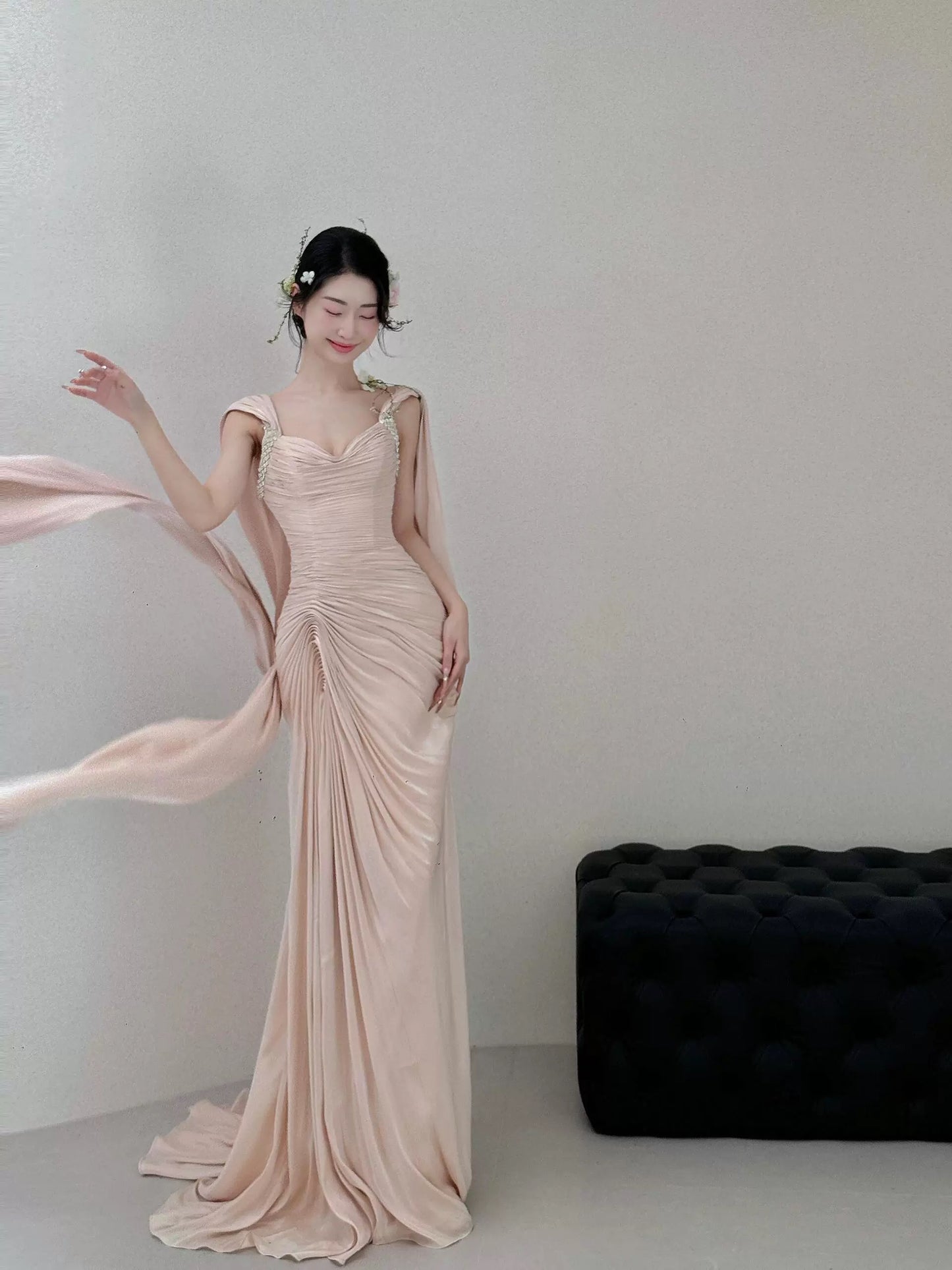 Stylish Mermaid Sweetheart Pink With Folded Satin Long Floor Length Evening Dresses Inspo Evening Outfits RB5161