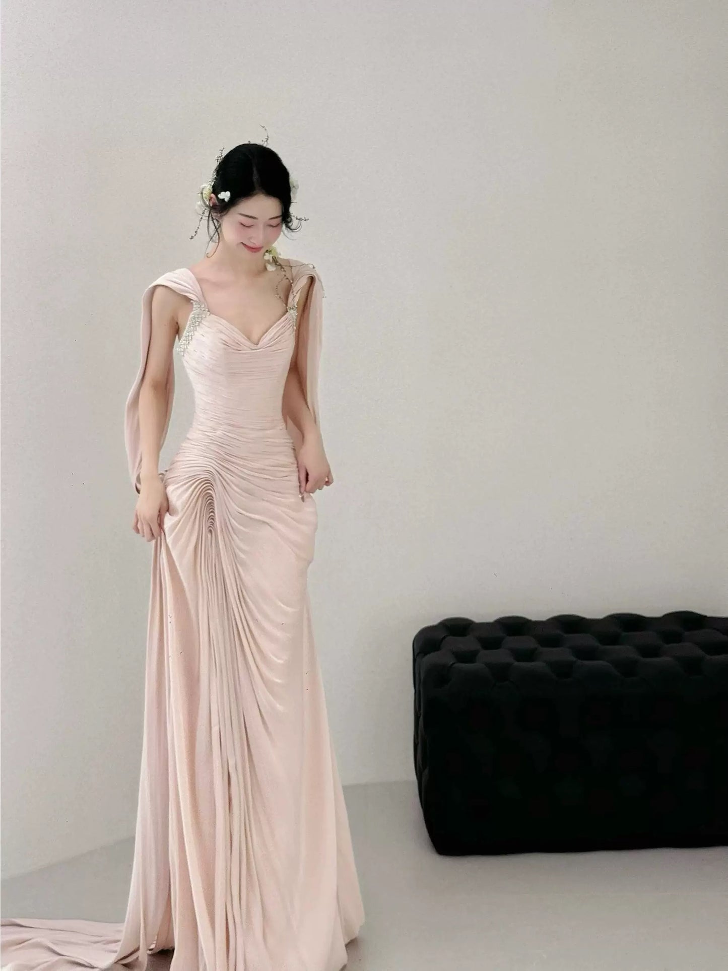 Stylish Mermaid Sweetheart Pink With Folded Satin Long Floor Length Evening Dresses Inspo Evening Outfits RB5161