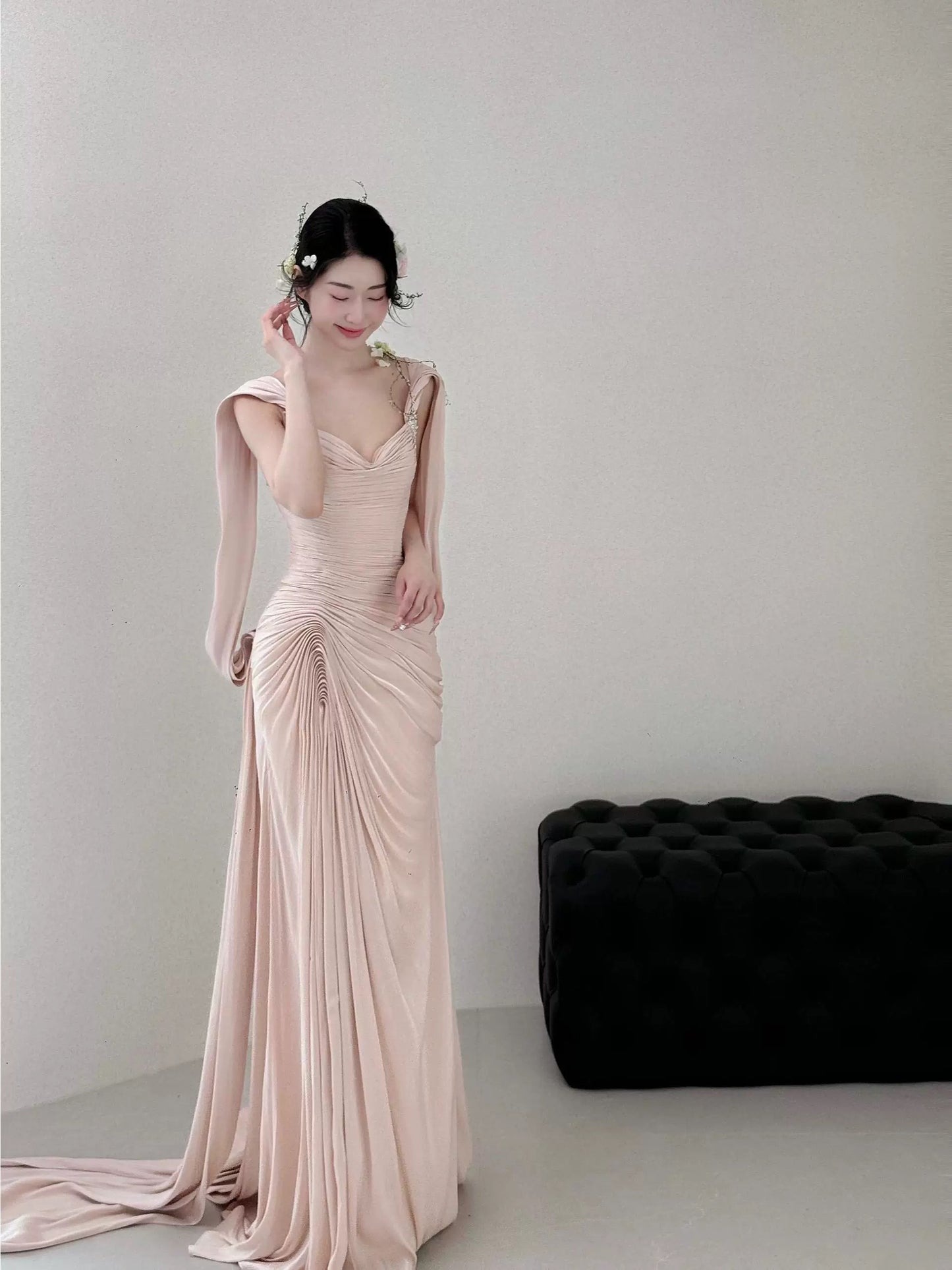 Stylish Mermaid Sweetheart Pink With Folded Satin Long Floor Length Evening Dresses Inspo Evening Outfits RB5161