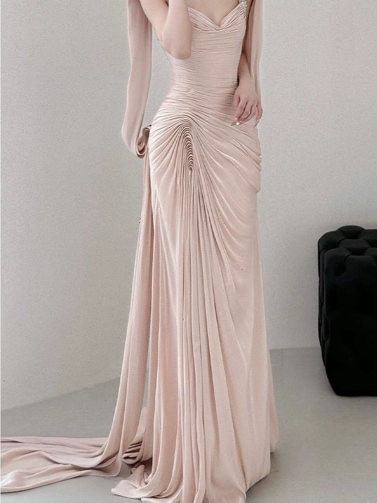 Stylish Mermaid Sweetheart Pink With Folded Satin Long Floor Length Evening Dresses Inspo Evening Outfits RB5161