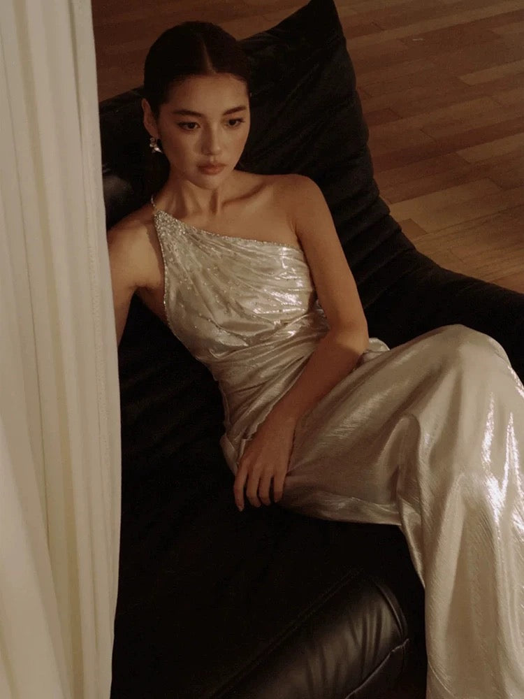 Sparkly Mermaid One Shoulder Sequined With Folded Long Floor Length Evening Dresses Inspo Evening Outfits RB5162