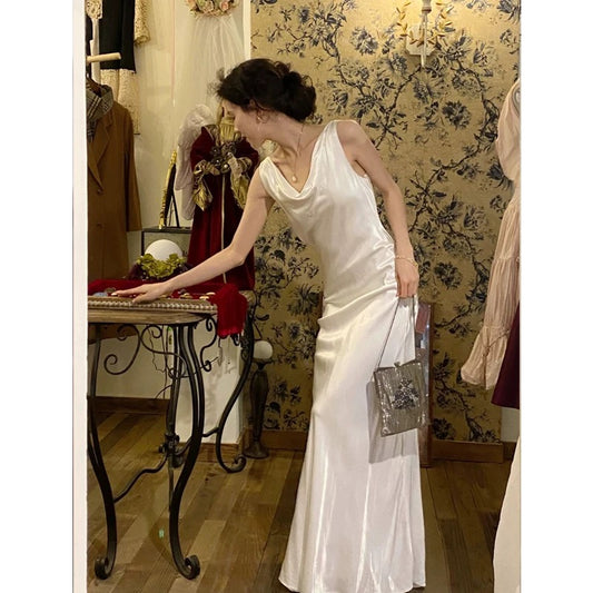 Unique Wedding Dresses Sheath Cowl Neck White Satin French Style Long Bridal Gown N3164