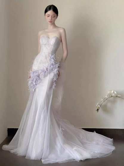 Robes de bal simples Sirène Cœur en tulle lilas avec plumes Robe de soirée N3167