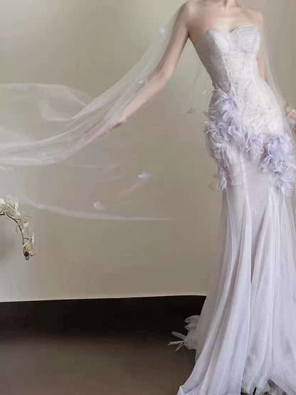 Robes de bal simples Sirène Cœur en tulle lilas avec plumes Robe de soirée N3167