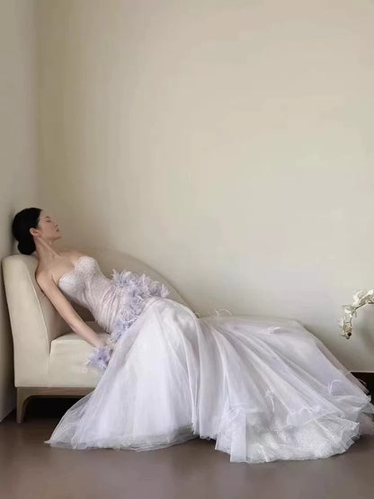 Robes de bal simples Sirène Cœur en tulle lilas avec plumes Robe de soirée N3167