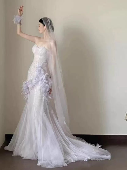 Robes de bal simples Sirène Cœur en tulle lilas avec plumes Robe de soirée N3167