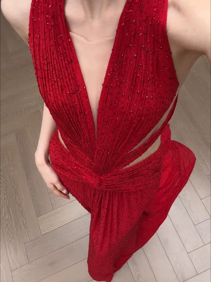 Robes de bal simples Sirène Col en V Rouge à paillettes avec perles Longue robe de soirée N3169