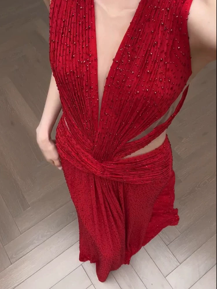 Robes de bal simples Sirène Col en V Rouge à paillettes avec perles Longue robe de soirée N3169