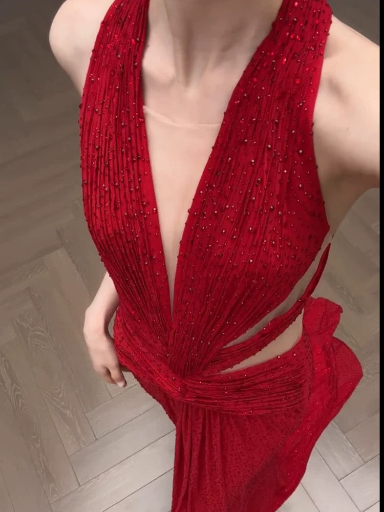 Robes de bal simples Sirène Col en V Rouge à paillettes avec perles Longue robe de soirée N3169