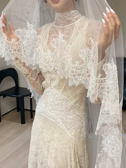 Robes de mariée uniques, fourreau, col haut, dentelle avec manches, style français blanc, longue robe de mariée N3171