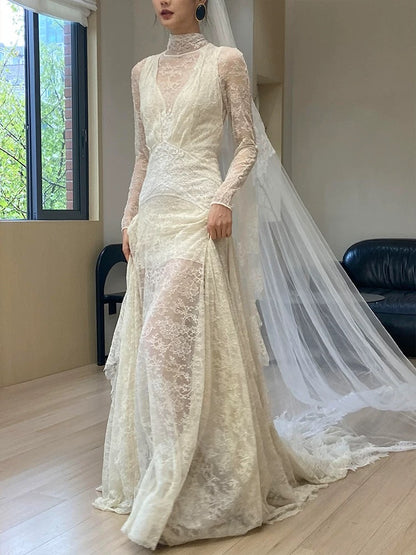 Robes de mariée uniques, fourreau, col haut, dentelle avec manches, style français blanc, longue robe de mariée N3171