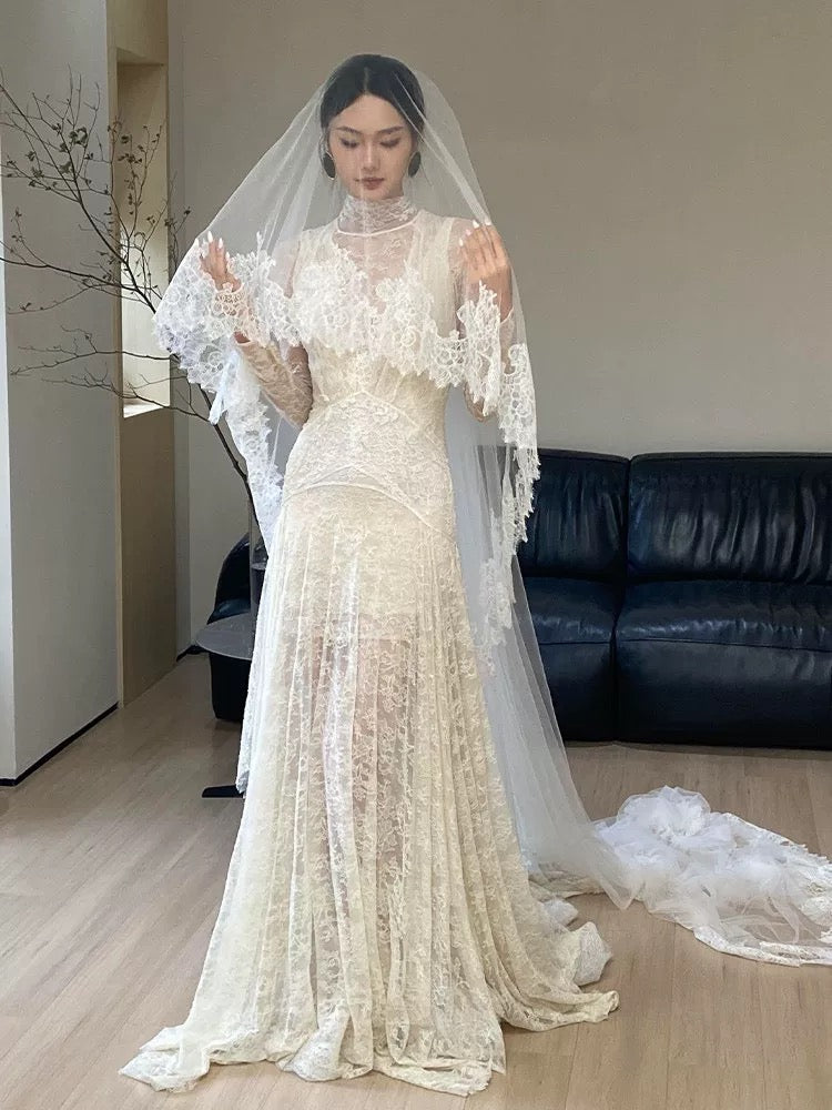 Robes de mariée uniques, fourreau, col haut, dentelle avec manches, style français blanc, longue robe de mariée N3171