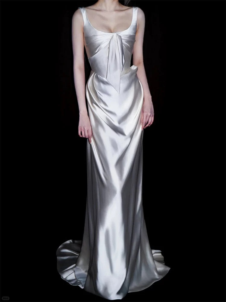 Einzigartige Hochzeitskleider Scheide Quadratischer Ausschnitt Satin Weiß Französischer Stil Lange Brautkleider N3173