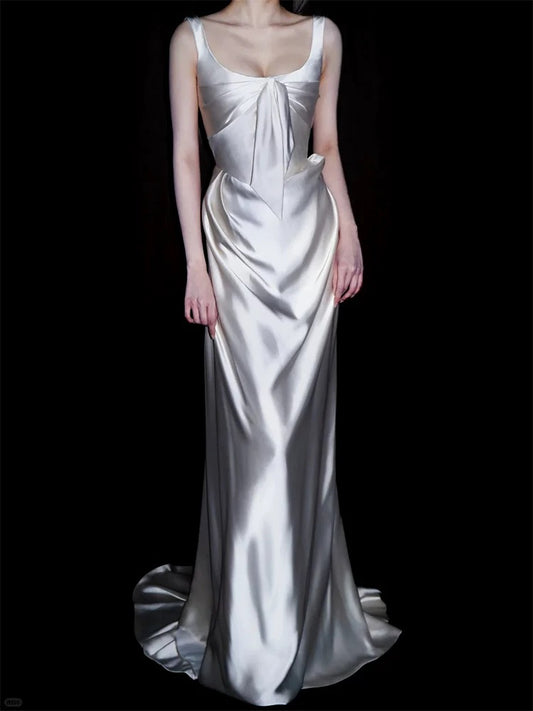 Unique Wedding Dresses Sheath Square Neck Satin White French Style Long Bridal Gown N3173