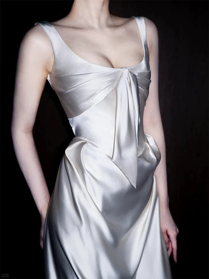 Einzigartige Hochzeitskleider Scheide Quadratischer Ausschnitt Satin Weiß Französischer Stil Lange Brautkleider N3173