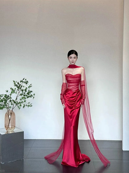 Robes de bal simples Sirène Cœur Rouge Tulle Avec Écharpe Gants Longue Robe de soirée N3175