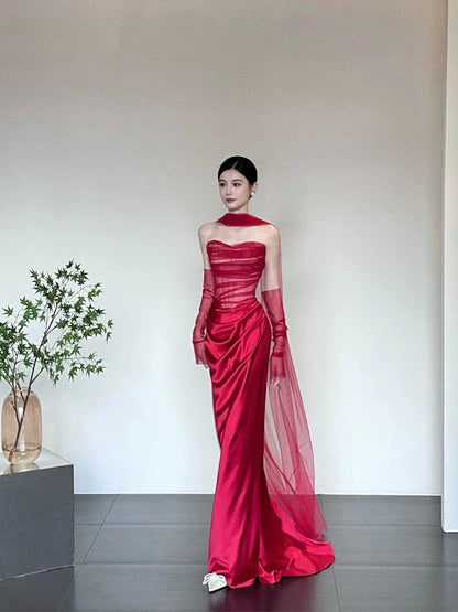 Robes de bal simples Sirène Cœur Rouge Tulle Avec Écharpe Gants Longue Robe de soirée N3175