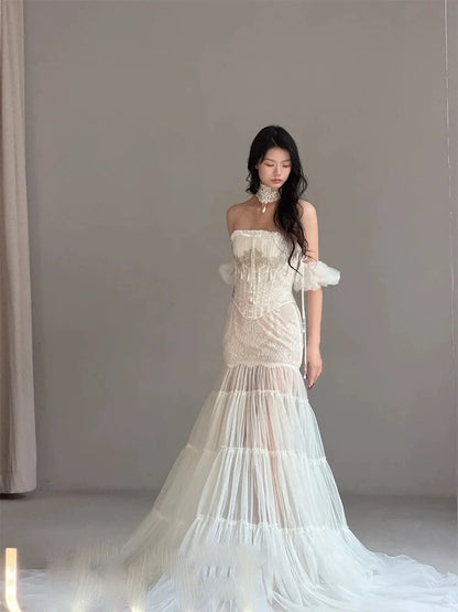 Robes de mariée uniques, style sirène, bustier, tulle, dentelle blanche, robe de mariée longue de style français N3176