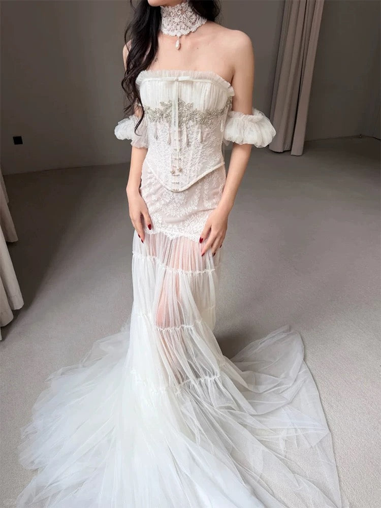 Robes de mariée uniques, style sirène, bustier, tulle, dentelle blanche, robe de mariée longue de style français N3176