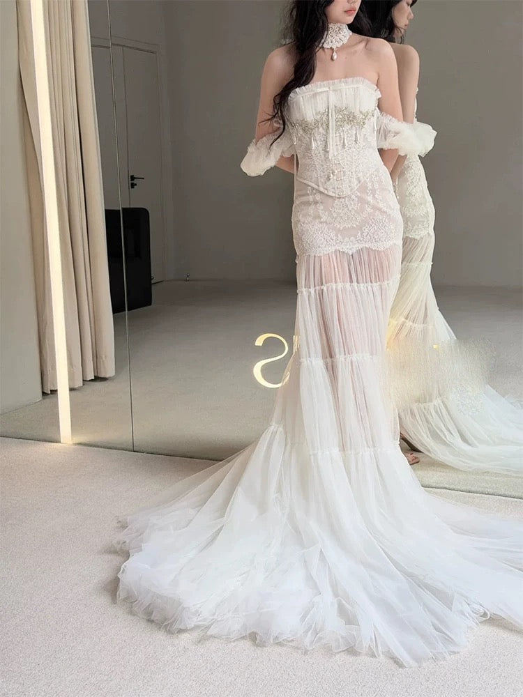 Robes de mariée uniques, style sirène, bustier, tulle, dentelle blanche, robe de mariée longue de style français N3176