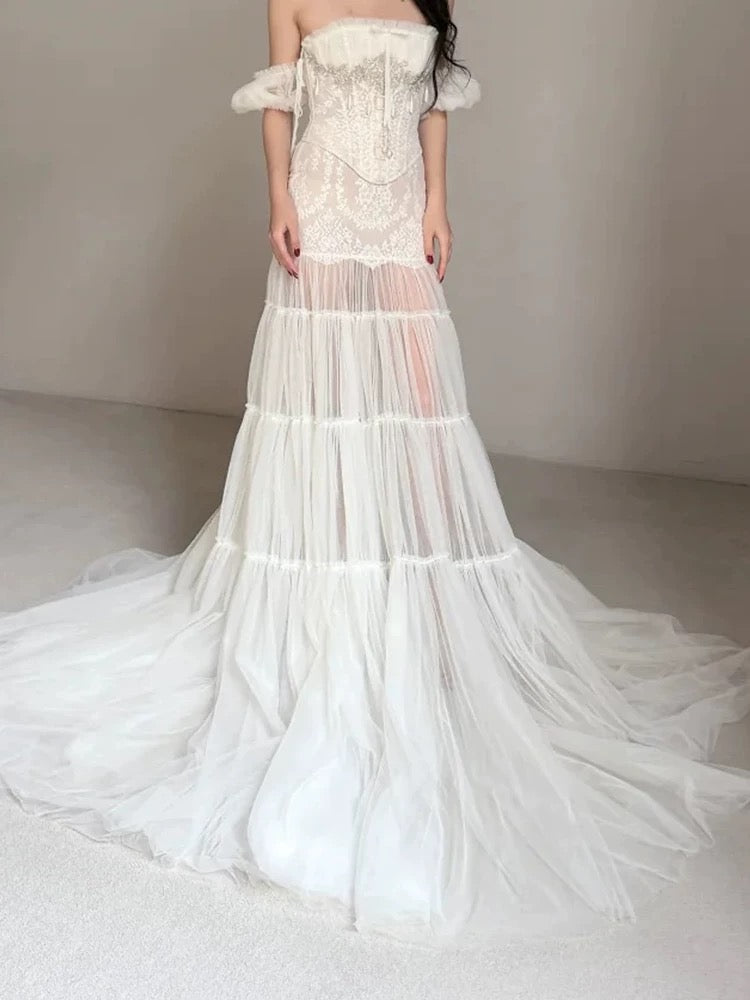 Robes de mariée uniques, style sirène, bustier, tulle, dentelle blanche, robe de mariée longue de style français N3176
