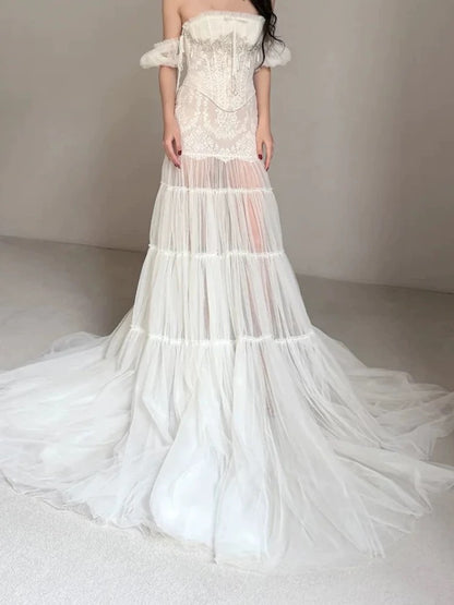 Robes de mariée uniques, style sirène, bustier, tulle, dentelle blanche, robe de mariée longue de style français N3176