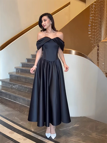 Robes de bal simples coupe trapèze, épaules dénudées, en satin noir, mi-longues, robe de soirée pour femmes N3178