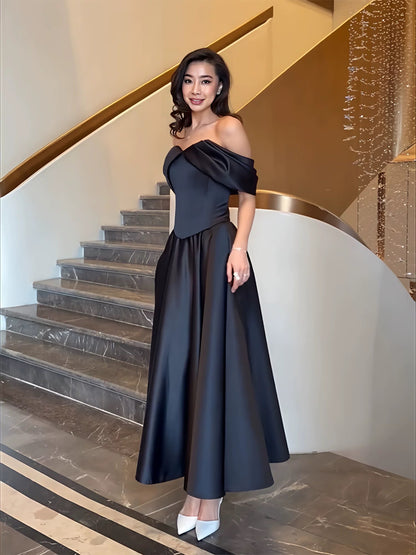 Robes de bal simples coupe trapèze, épaules dénudées, en satin noir, mi-longues, robe de soirée pour femmes N3178