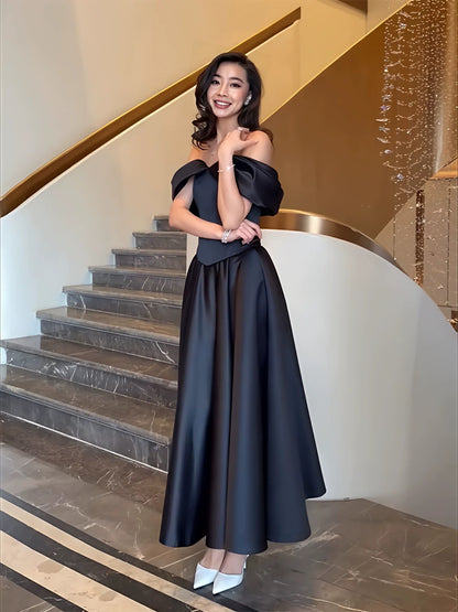 Robes de bal simples coupe trapèze, épaules dénudées, en satin noir, mi-longues, robe de soirée pour femmes N3178