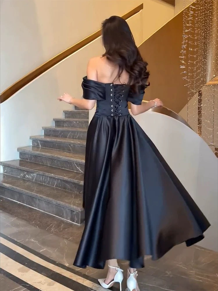 Robes de bal simples coupe trapèze, épaules dénudées, en satin noir, mi-longues, robe de soirée pour femmes N3178