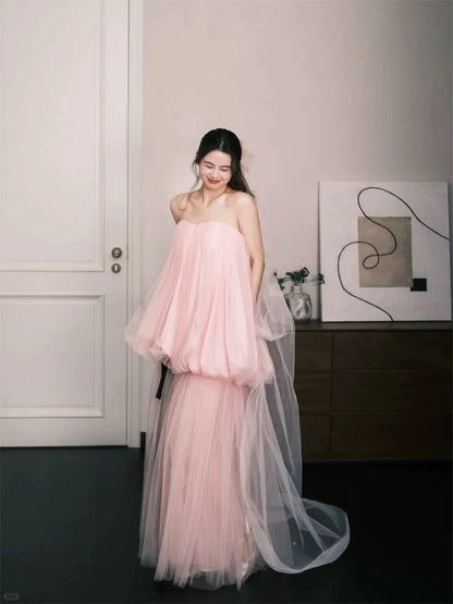 Einfache Ballkleider A-Linie Herzförmiger Ausschnitt Rosa Tüll Ärmellos Damen Abendkleid N3179