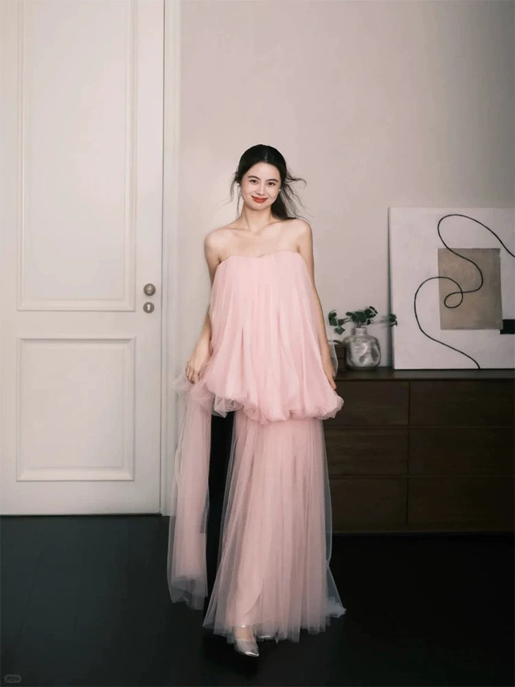 Einfache Ballkleider A-Linie Herzförmiger Ausschnitt Rosa Tüll Ärmellos Damen Abendkleid N3179