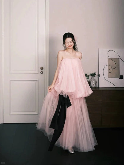 Einfache Ballkleider A-Linie Herzförmiger Ausschnitt Rosa Tüll Ärmellos Damen Abendkleid N3179