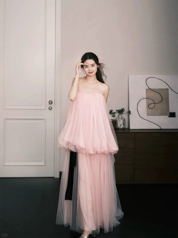 Einfache Ballkleider A-Linie Herzförmiger Ausschnitt Rosa Tüll Ärmellos Damen Abendkleid N3179