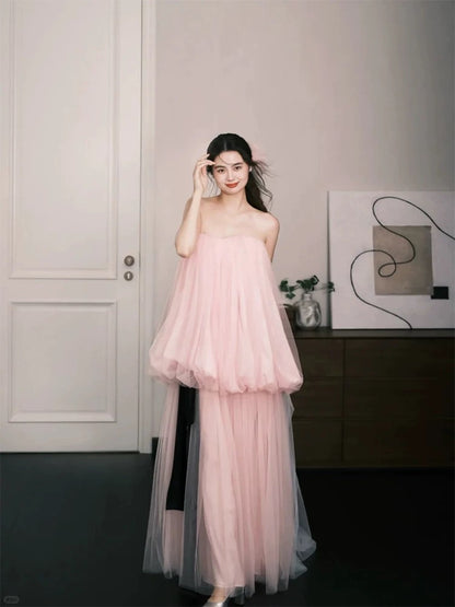 Einfache Ballkleider A-Linie Herzförmiger Ausschnitt Rosa Tüll Ärmellos Damen Abendkleid N3179