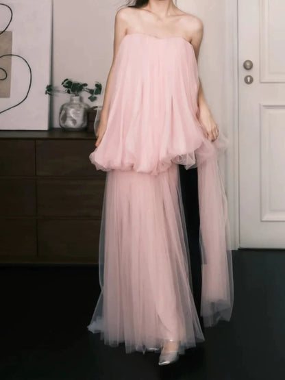 Einfache Ballkleider A-Linie Herzförmiger Ausschnitt Rosa Tüll Ärmellos Damen Abendkleid N3179