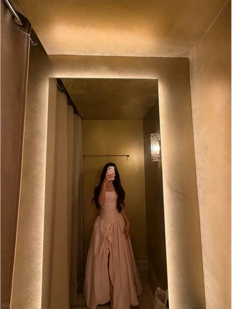 Einfache Ballkleider Trägerlos Rosa Satin Ärmellos Damen Formelles Kleid N3180