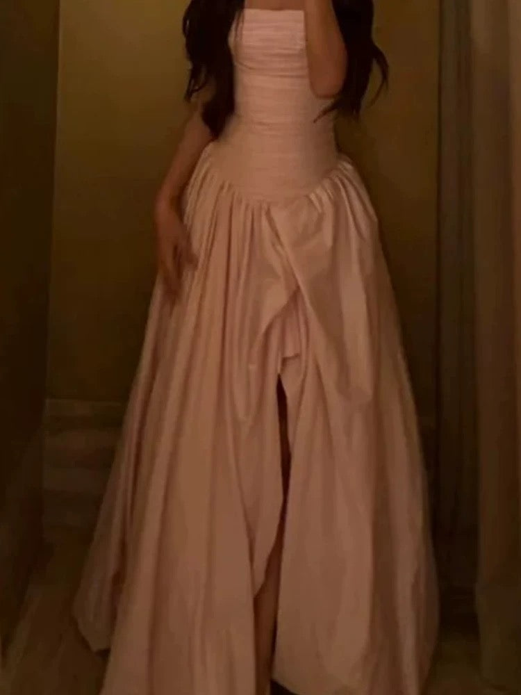 Einfache Ballkleider Trägerlos Rosa Satin Ärmellos Damen Formelles Kleid N3180