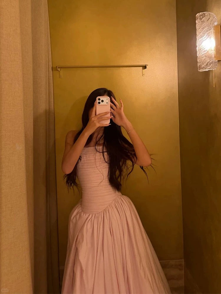 Einfache Ballkleider Trägerlos Rosa Satin Ärmellos Damen Formelles Kleid N3180