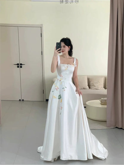 Schlichtes A-Linien-Abendkleid mit eckigem Ausschnitt aus weißem Satin, für Frühling, Sommer, Strand, formelle Anlässe, Hochzeit N3491